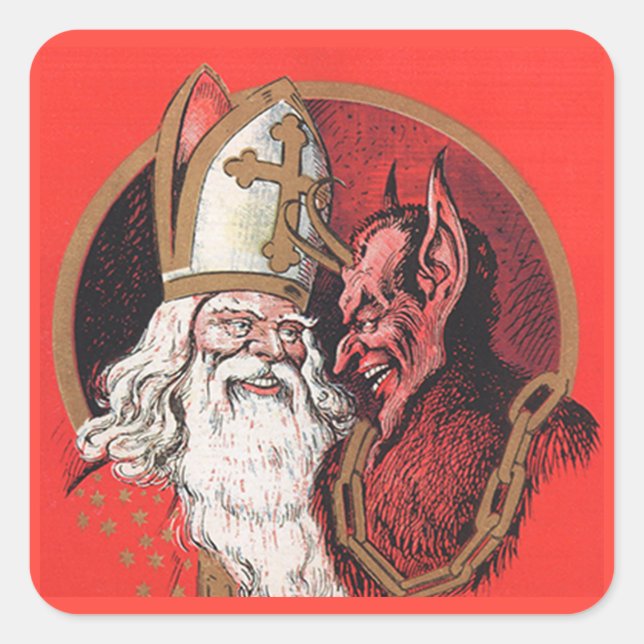 Pegatina Cuadrada Krampus con pegatinas navideñas de San Nicolás (Anverso)