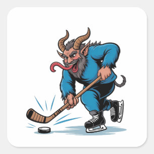 Pegatina Cuadrada Krampus espeluznante jugando hockey sobre hielo en