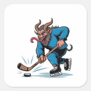 Pegatina Cuadrada Krampus espeluznante jugando hockey sobre hielo Na