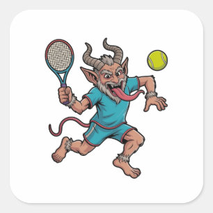 Pegatina Cuadrada Krampus espeluznante jugando tenis Navidad Deporte