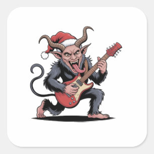 Pegatina Cuadrada Krampus Malvado Tocando Música Eléctrica con Guita