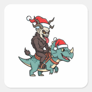 Pegatina Cuadrada Krampus Montando Un Dinosaurio Santa Navidades Mal