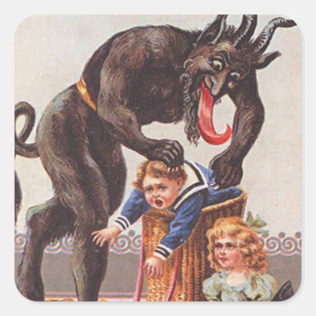 Pegatina Cuadrada Krampus Secuestrando Niños (Anverso)