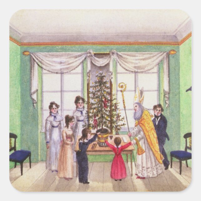 Pegatina Cuadrada Krampus y San Nicolás de la revista de Carl (Anverso)