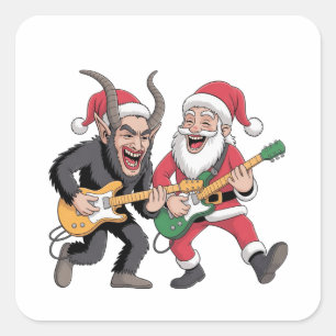 Pegatina Cuadrada Krampus y Santa tocando guitarra eléctrica Navidad