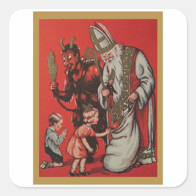 Pegatina Cuadrada Krampus y Santa - Vintage Krampus (Anverso)