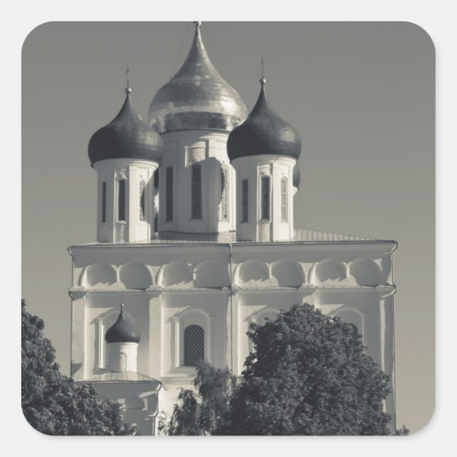 Pegatina Cuadrada Kremlin de Pskov y Catedral de la Trinidad (Anverso)