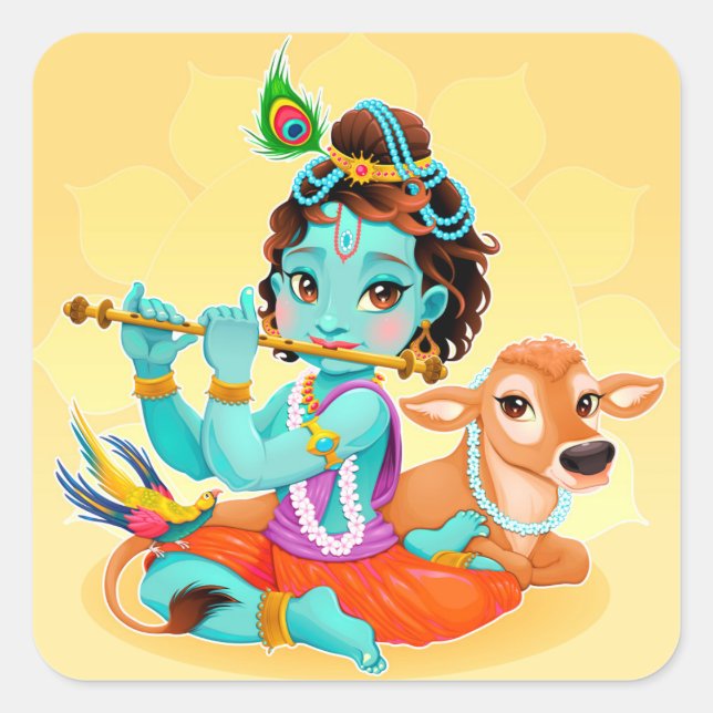 Pegatina Cuadrada Krishna Dios indio jugando al ilustracion de flaut (Anverso)
