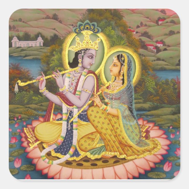 Pegatina Cuadrada Krishna y Radha sobre el loto (Anverso)