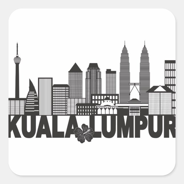 Pegatina Cuadrada Kuala Lumpur City Skyline Text Black and White Ill (Anverso)