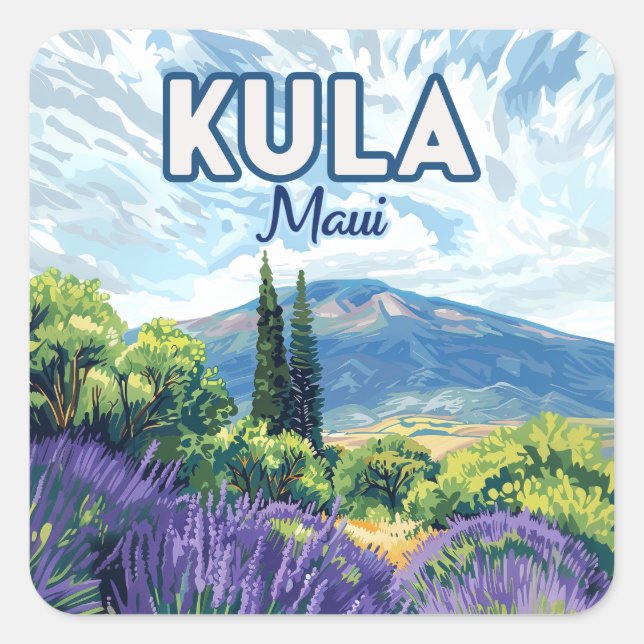 Pegatina Cuadrada Kula Maui Haleakala Hawaii Lavender Retro (Anverso)