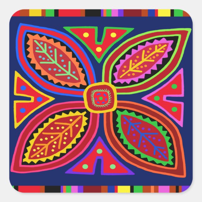 Pegatina Cuadrada Kuna Indian Mola Flora (Anverso)