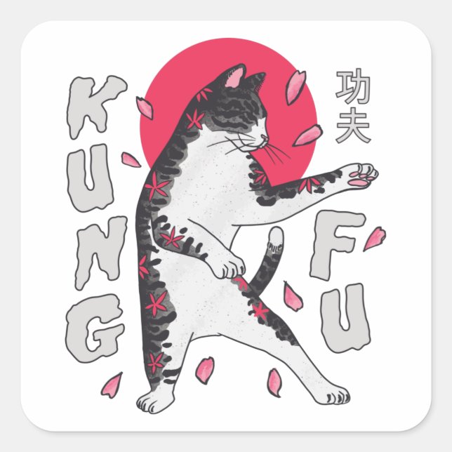 Pegatina Cuadrada Kung Fu Cat (Anverso)