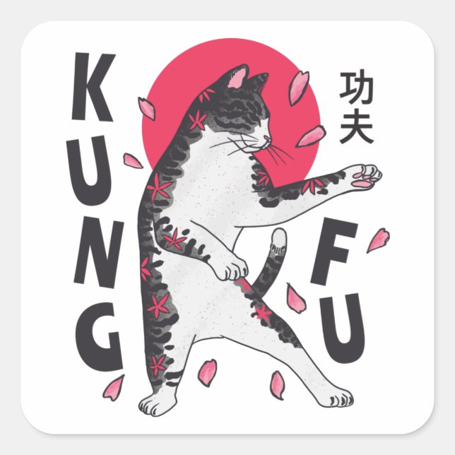 Pegatina Cuadrada Kung Fu Cat (Anverso)