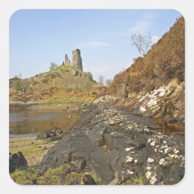 Pegatina Cuadrada Kyleakin, Escocia. Las antiguas ruinas de (Anverso)