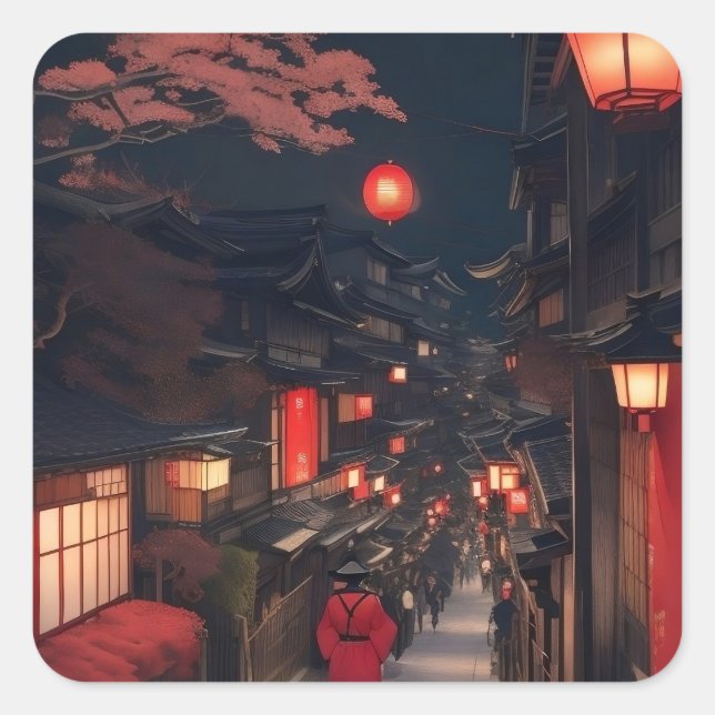 Pegatina Cuadrada Kyoto Night Lanterns Sticker (Anverso)