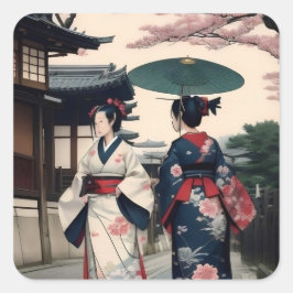 Pegatina Cuadrada Kyoto Spring Walk Kimono Sticker
