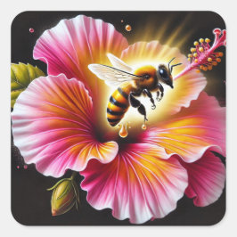 Pegatina Cuadrada La abeja de miel poliniza un hibiscus floreciente