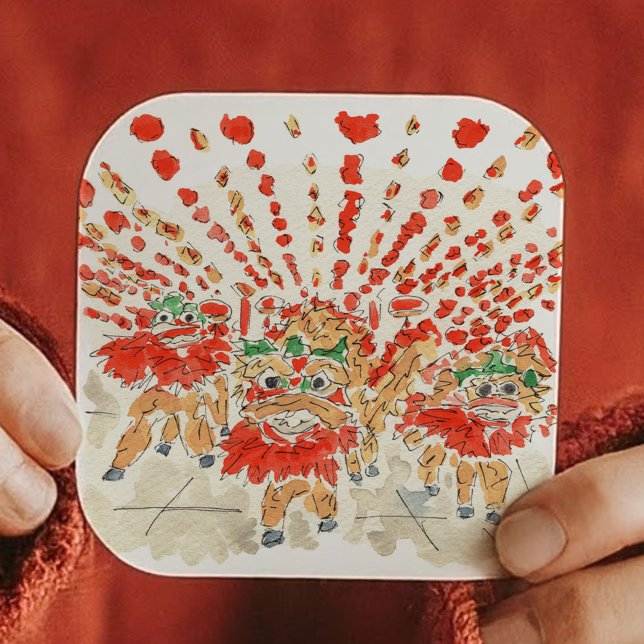 Pegatina Cuadrada La acuarela china de danza del león (The Chinese Lion Dance Watercolor Square Sticker)