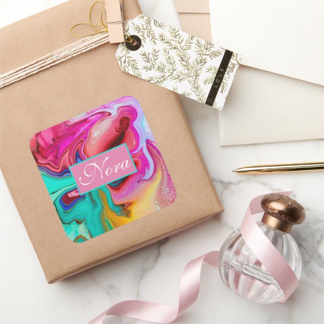 Pegatina Cuadrada La acuarela de mármol moderna vibrante personaliza (Regalar)