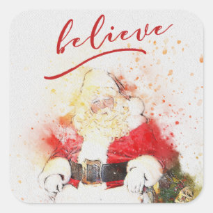 Pegatina Cuadrada La acuarela Papá Noel con cree caligrafía