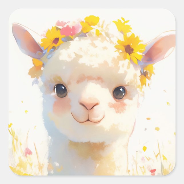 Pegatina Cuadrada La Alpaca Coronada de Flores (Anverso)