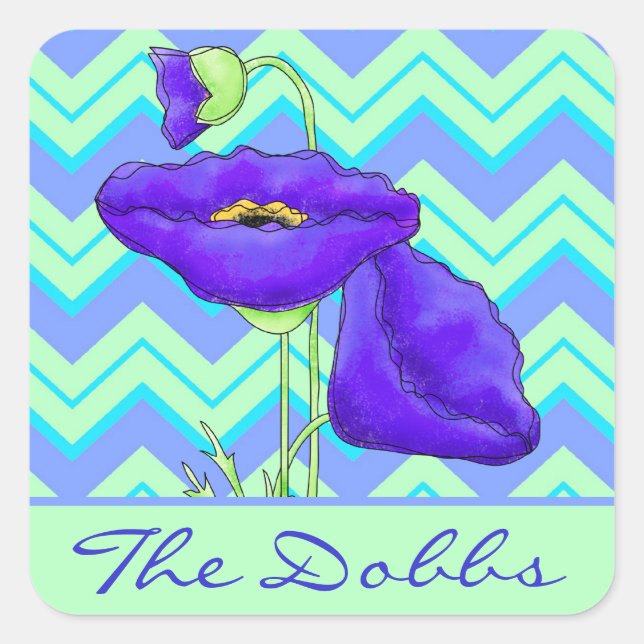 Pegatina Cuadrada La amapola morada personalizada Chevron verde Zizz (Anverso)