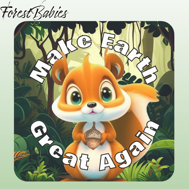 Pegatina Cuadrada La ardilla de los bosques hace que la Tierra vuelv (Cute Squirrel Make Earth Great Again Wildlife Nature Animal Cartoon Graphic Environmental Sticker🐿️)
