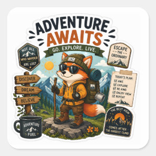 Pegatina Cuadrada La aventura espera – Hiking Fox Explorer
