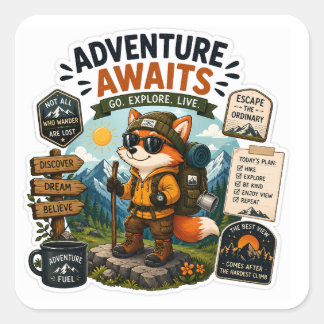 Pegatina Cuadrada La aventura espera – Hiking Fox Explorer