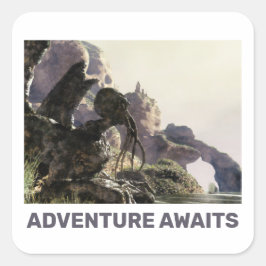 Pegatina Cuadrada La aventura espera. Paisaje de fantasía