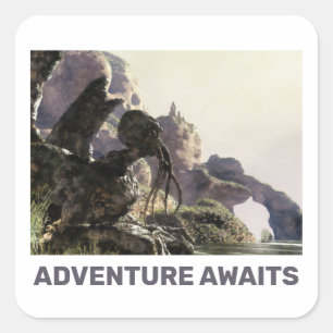 Pegatina Cuadrada La aventura espera. Paisaje de fantasía
