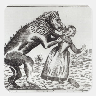 Pegatina Cuadrada La bestia de Gevaudan atacando a un joven Chica