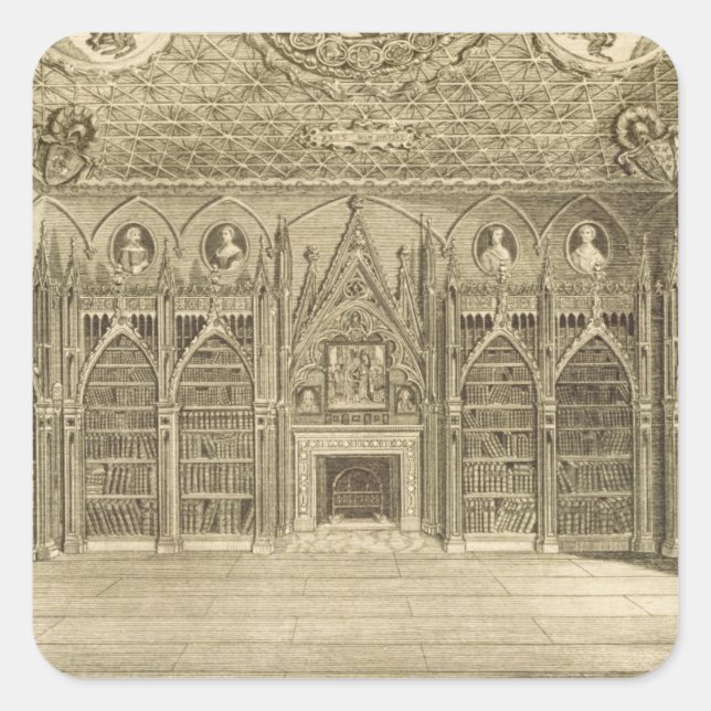Pegatina Cuadrada La biblioteca, grabada por Godfrey, de 'Descriptio (Anverso)
