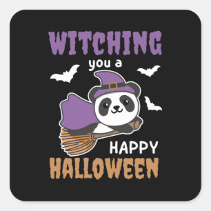 Pegatina Cuadrada La Bruja Panda Toca Una Feliz Halloween