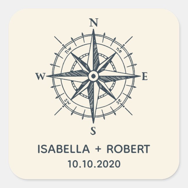 Pegatina Cuadrada La brújula azul | Monograma Boda (Anverso)
