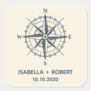 Pegatina Cuadrada La brújula azul   Monograma Boda