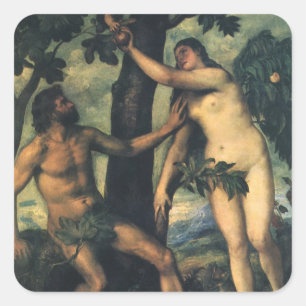 Pegatina Cuadrada La Caída del Hombre; Adán y Eva por Tiziano