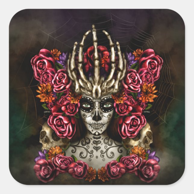Pegatina Cuadrada La Calavera Catrina (Anverso)