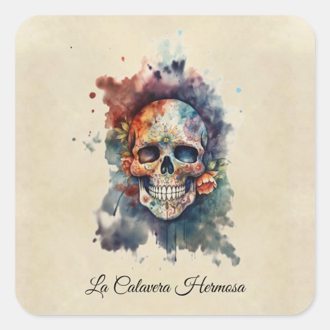 Pegatina Cuadrada La Calavera Hermosa, personalizado (Anverso)