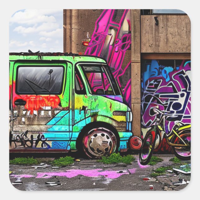 Pegatina Cuadrada La camioneta abandonada y el graffiti de bicicleta (Anverso)