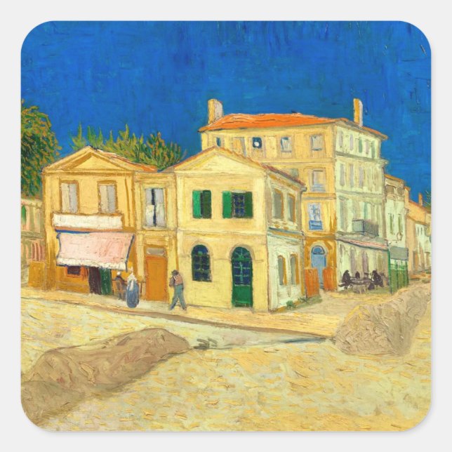 Pegatina Cuadrada La casa amarilla (1888) arte paisajístico Van Gogh (Anverso)