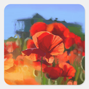 Pegatina Cuadrada La casa de las amapolas - pintura al óleo