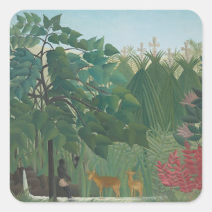 Pegatina Cuadrada La Cascada de Henri Rousseau, Arte Antiguo Fino