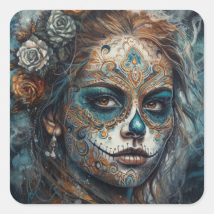 Pegatina Cuadrada La Catrina Azul Día de los Muertos Cráneo de Azúca