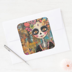 Pegatina Cuadrada La Catrina Esqueleto con Corona de Flores