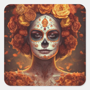 Pegatina Cuadrada La Catrina Marigold Día de los Muertos Cráneo de A