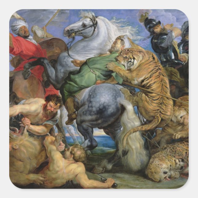 Pegatina Cuadrada La caza de tigres, c.1616 (Anverso)