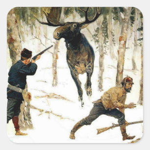 Pegatina Cuadrada La caza del alce por Frederic Remington