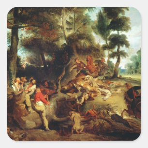 Pegatina Cuadrada La caza salvaje de jabalíes